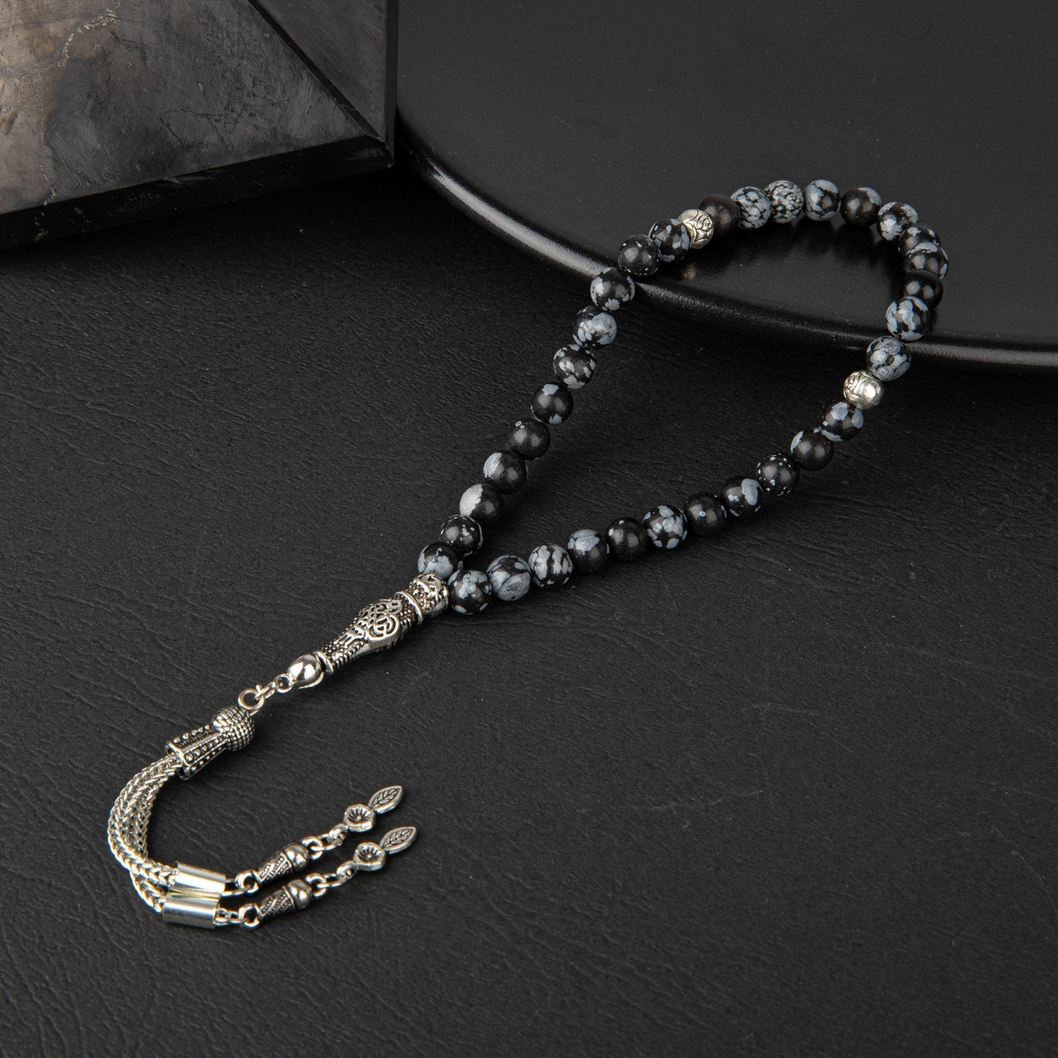 Karlı Obsidyen Doğal Taş Tesbih 33lük - 6mm