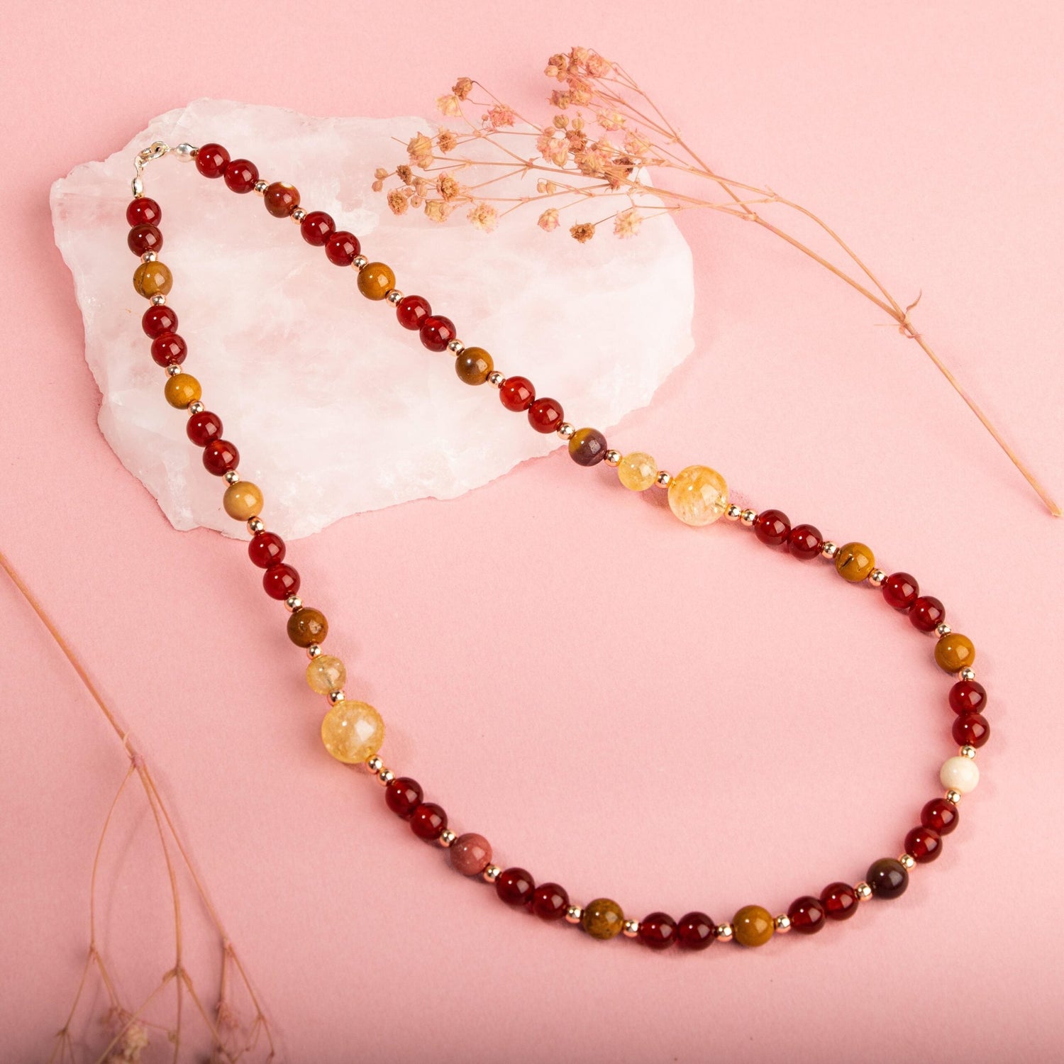 Kırmızı Akik-Sitrin-Jasper-Hematit Doğal Taş Gümüş Kolye