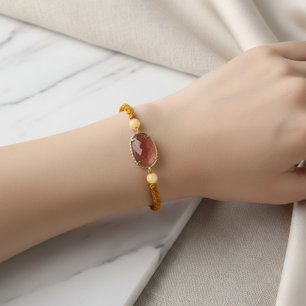 Çilek Kuvars – Kalsit Doğal Taş Makrome Bileklik – Özel Tasarım