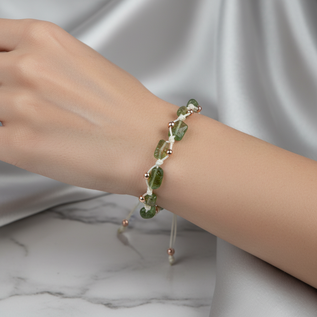 Zebercet (Peridot) Natürel Kesim Doğal Taş Makrome Bileklik – Unisex El İşçiliği
