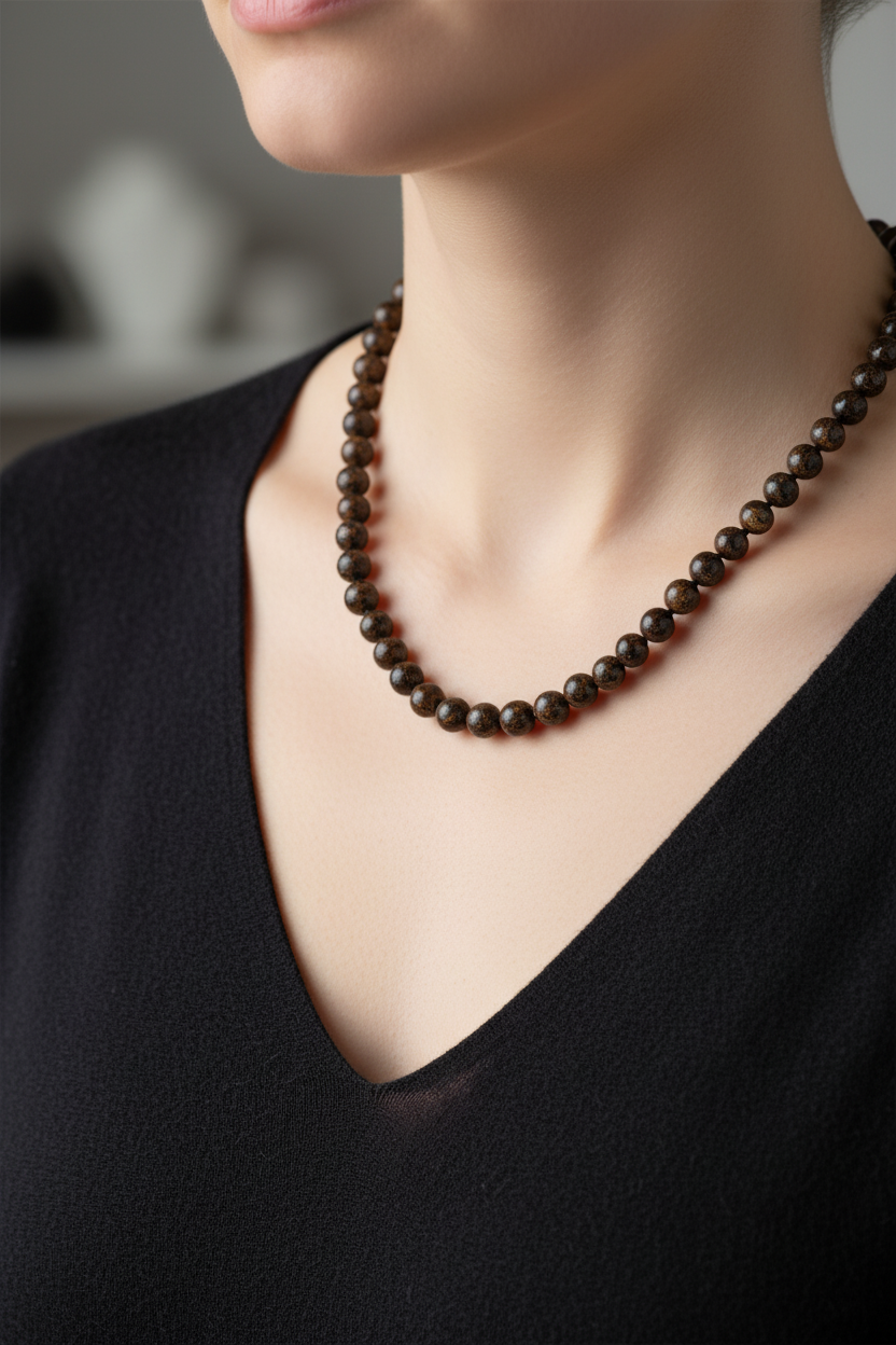 Bronzit Doğal Taş Kolye – 8 mm Düğümlü, Unisex Tasarım