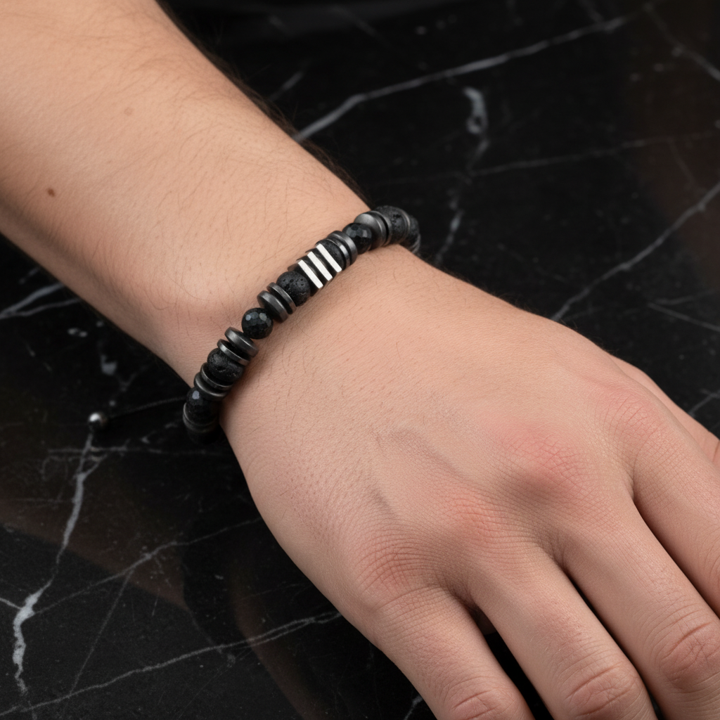 Turmalin, Siyah Lav Taşı & Hematit Doğal Taş Erkek Makrome Bileklik – Özel Tasarım