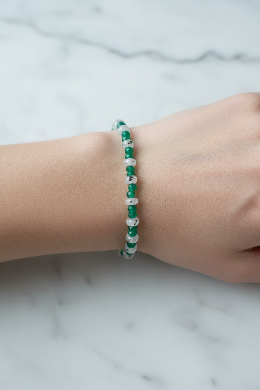 Yeşil Akik & Ay Taşı Doğal Taş Bileklik – 4 mm & Gümüş Kapama
