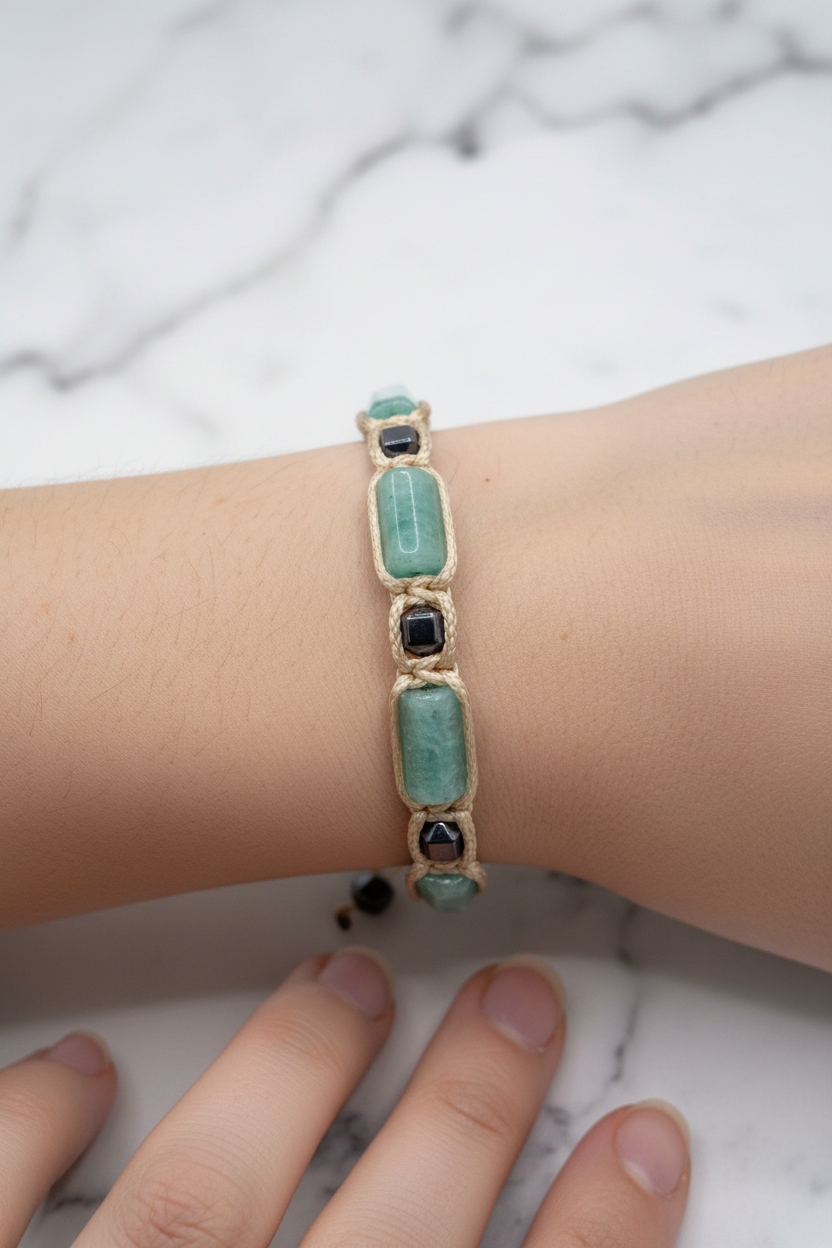 Amazonit ve Hematit Doğal Taş Bileklik – İpli Köşeli Makrome Model, Unisex Tasarım