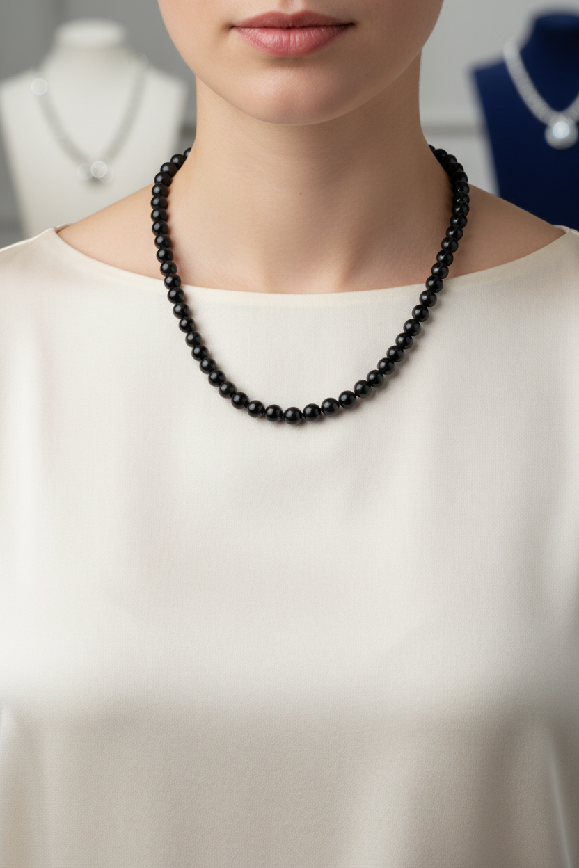 Siyah Turmalin Doğal Taş Kolye – 8 mm Düğümlü Tasarım