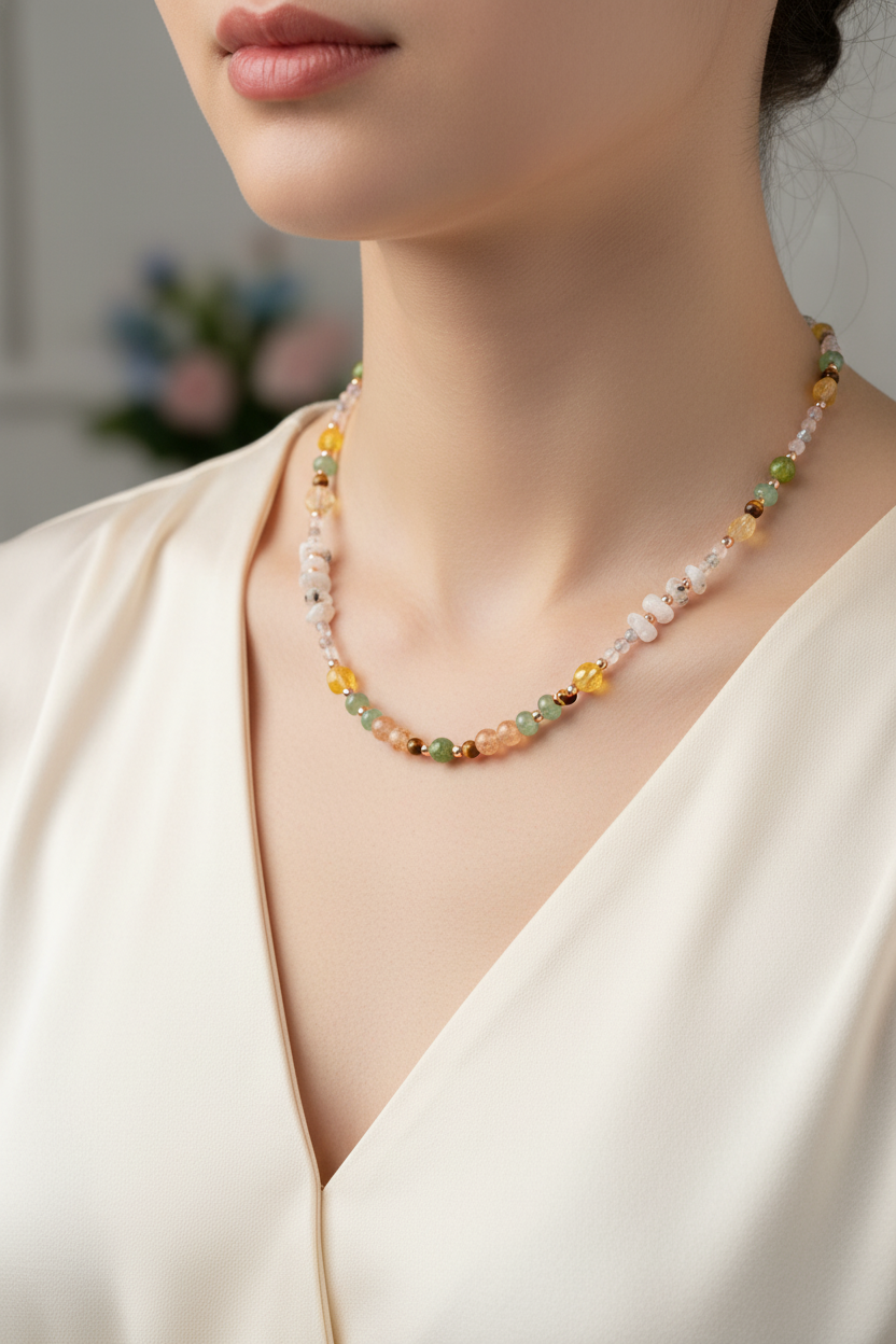 Yeşim, Kaplan Gözü, Hematit, Güneş Taşı, Aventurin, Sitrin, Kehribar, Labradorit, Ay Taşı & Pembe Kuvars Doğal Taş Kolye – Özel Tasarım