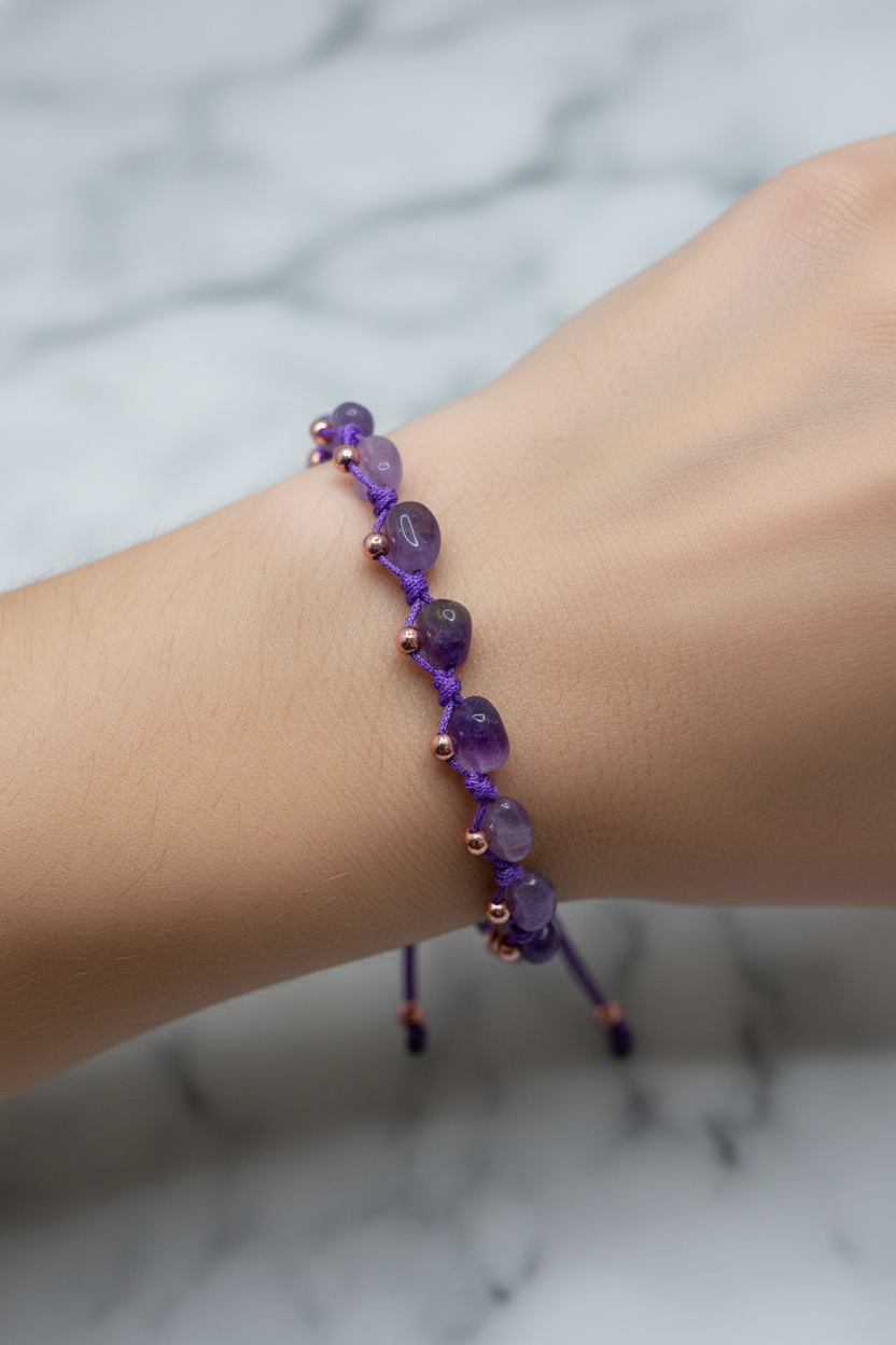 Ametist Doğal Taş Merdiven Kapama Bileklik – Büyük Kesim Naturel & Ayarlanabilir İpli Tasarım