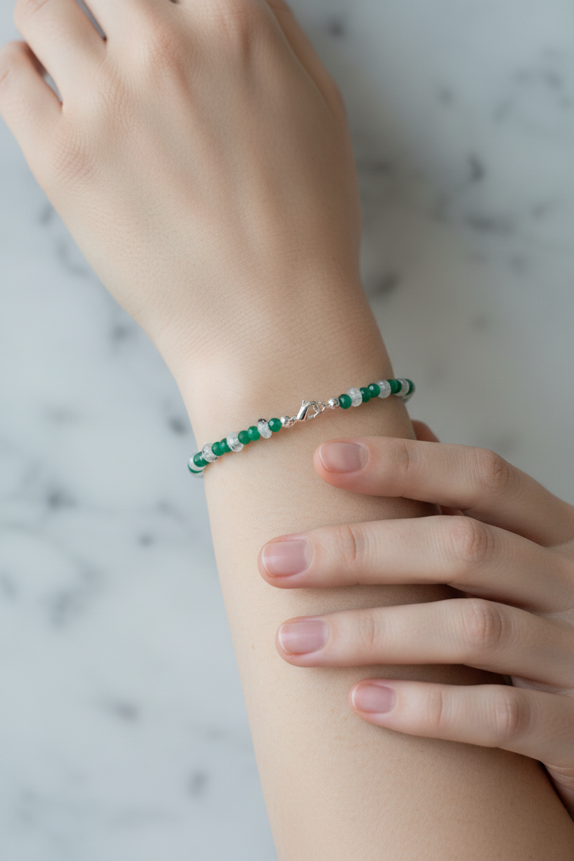 Yeşil Akik & Ay Taşı Doğal Taş Bileklik – 4 mm & Gümüş Kapama