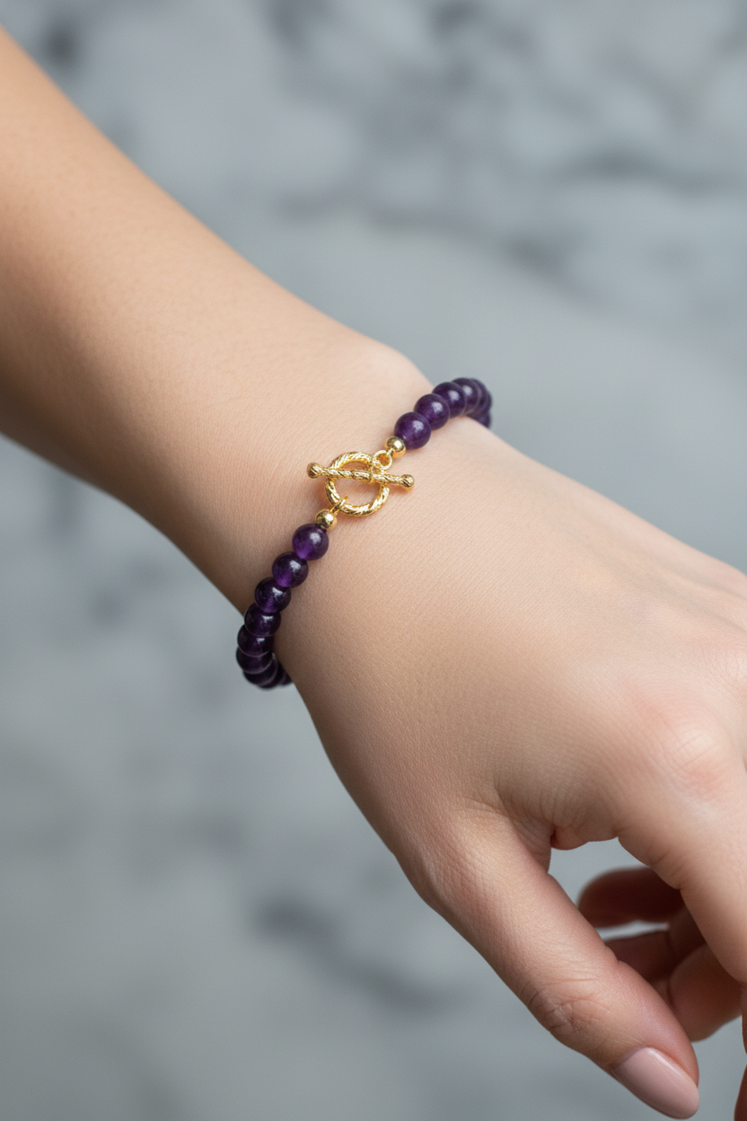 Ametist Doğal Taş Bileklik – Altın Kaplama ve Gümüş Aparatlı, Unisex Şık Tasarım