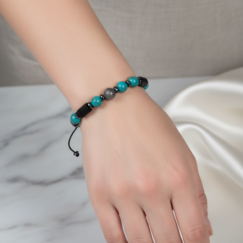 Turkuaz, Şungit ve Hematit Doğal Taş Makrome Bileklik – Gümüş Aparatlı, Ayarlanabilir Tasarım