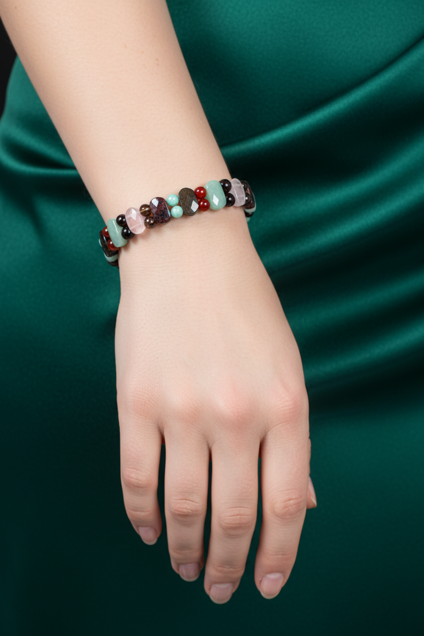 Başak Burcu Doğal Taş Bileklik – Amazonit, Granat Lal, Dumanlı Kuvars, Obsidyen, Jasper, Akik, Pembe Kuvars & Aventurin