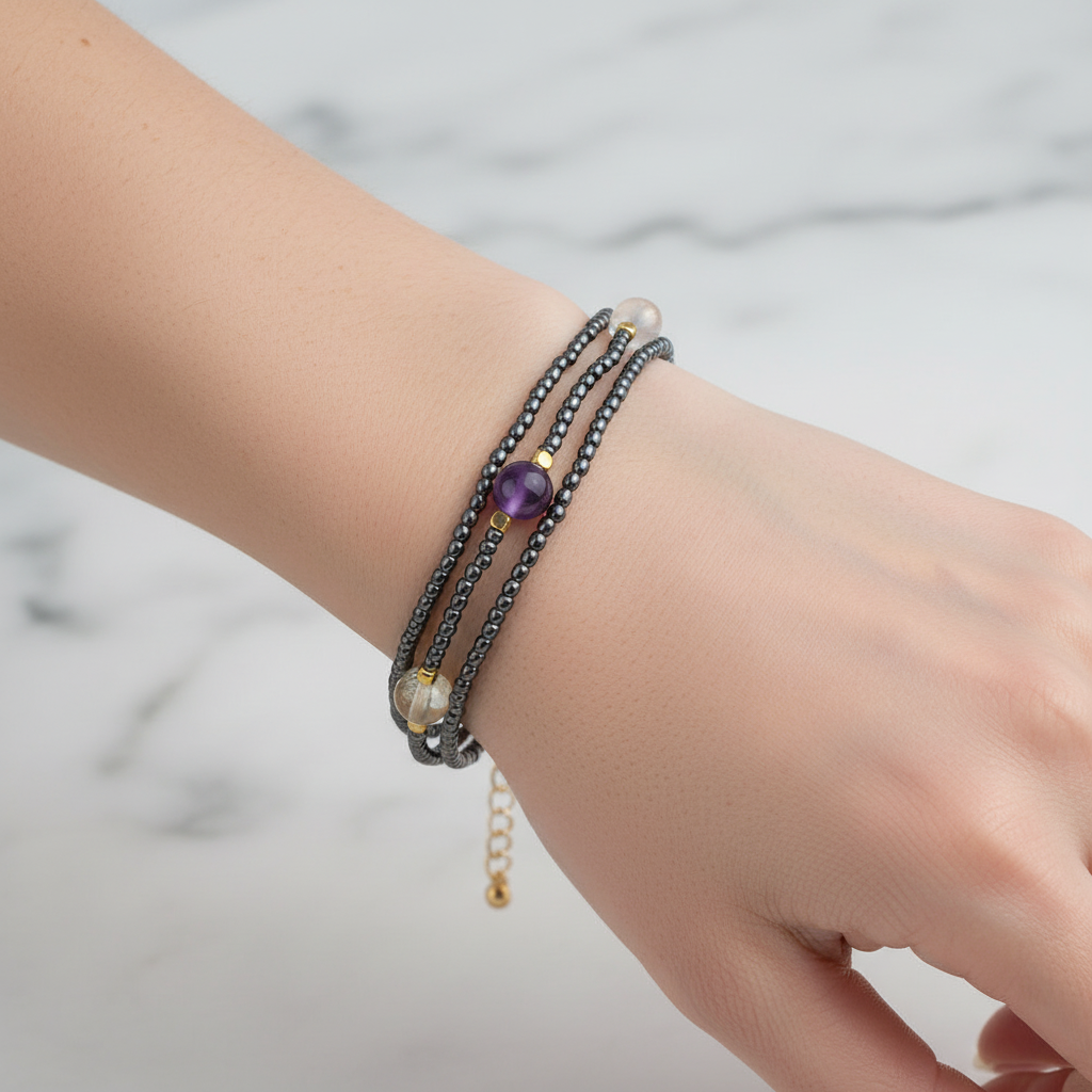 Ametist – Sitrin – Ay Taşı – Hematit Altın Kaplama Doğal Taş Bileklik – El İşçiliği