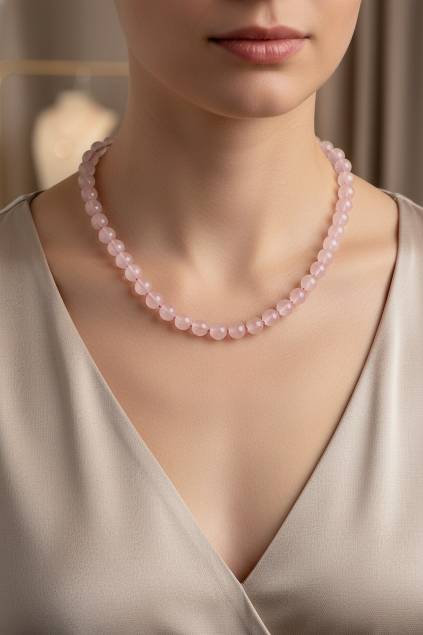 Pembe Kuvars (Gül Kuvars) Doğal Taş Kolye – 8 mm Düğümlü, Unisex Tasarım