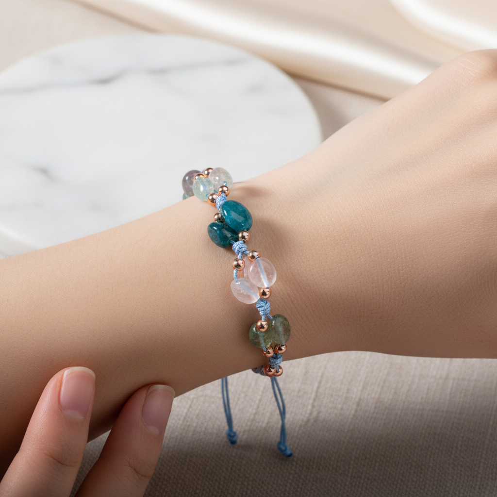 Balık Burcu Doğal Taş Makrome Bileklik – Akuamarin, Ametist, Ay Taşı, Kiyanit, Mavi Apatit, Mor Florit, Yeşil Larimar – Özel Tasarım