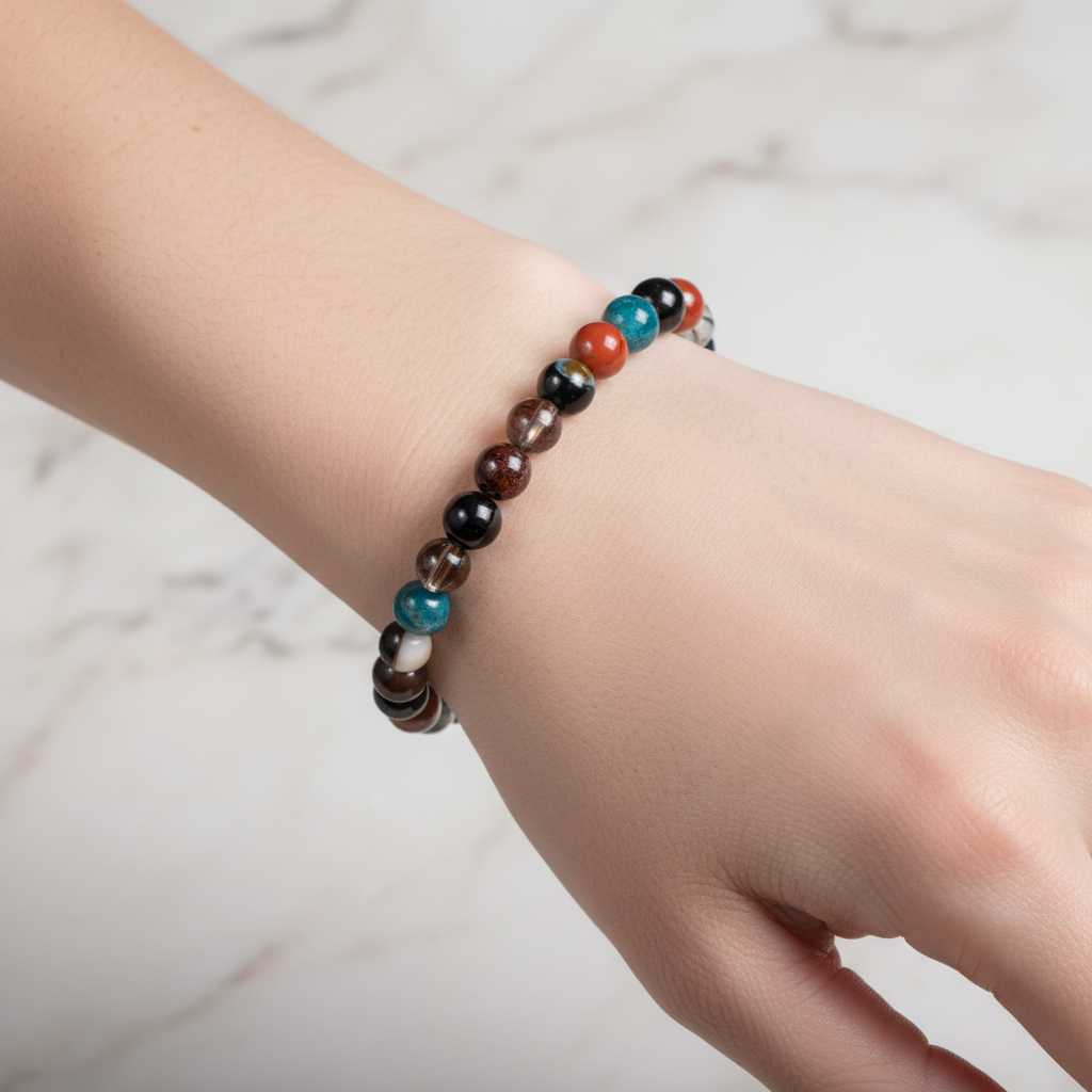 Başak Burcu Doğal Taş Bileklik – Granat Lal, Dumanlı Kuvars, Obsidyen, Jasper, Mavi Apatit & Siyah Göz Akik