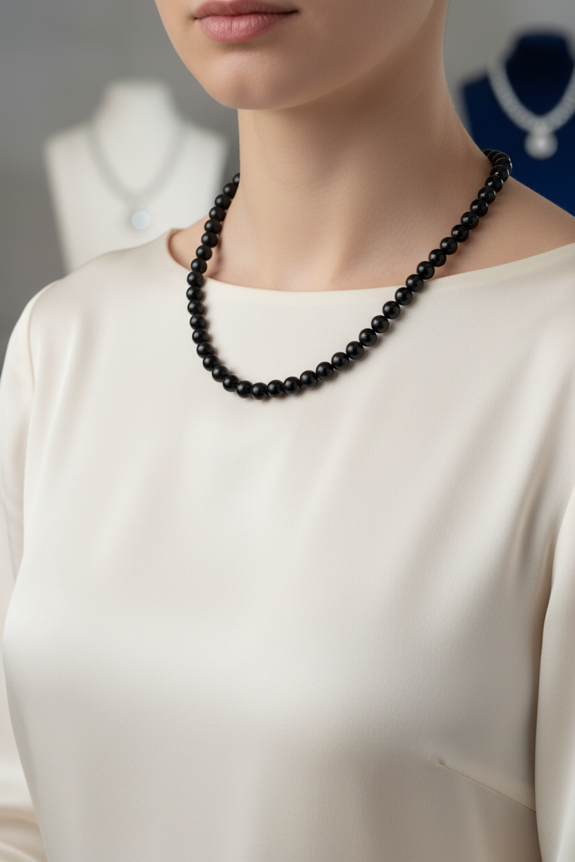 Siyah Turmalin Doğal Taş Kolye – 8 mm Düğümlü Tasarım