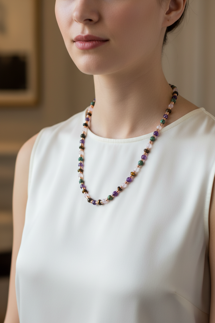 Hematit, Pembe Kuvars, Krizokol, Ametist & Kaplan Gözü Doğal Taş Kolye – Özel Tasarım