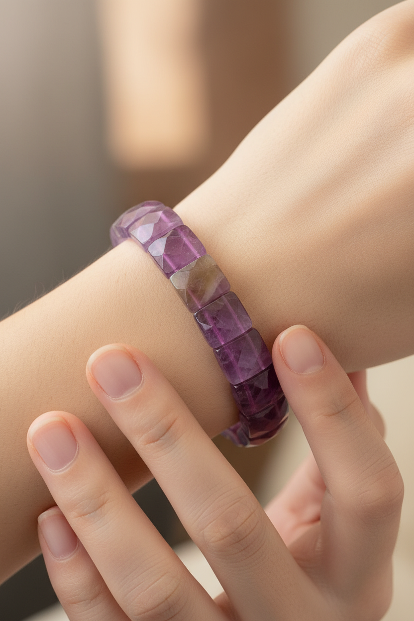 Sertifikalı Kare Kesim Ametist Doğal Taş Bileklik | Pirtash | Özel Üretim