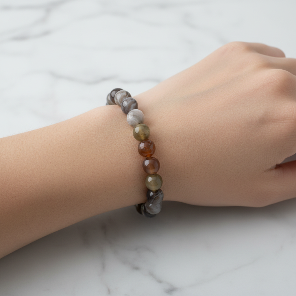 Botswana Akiği 8 mm Merdiven Kapama Doğal Taş Bileklik – El İşçiliği