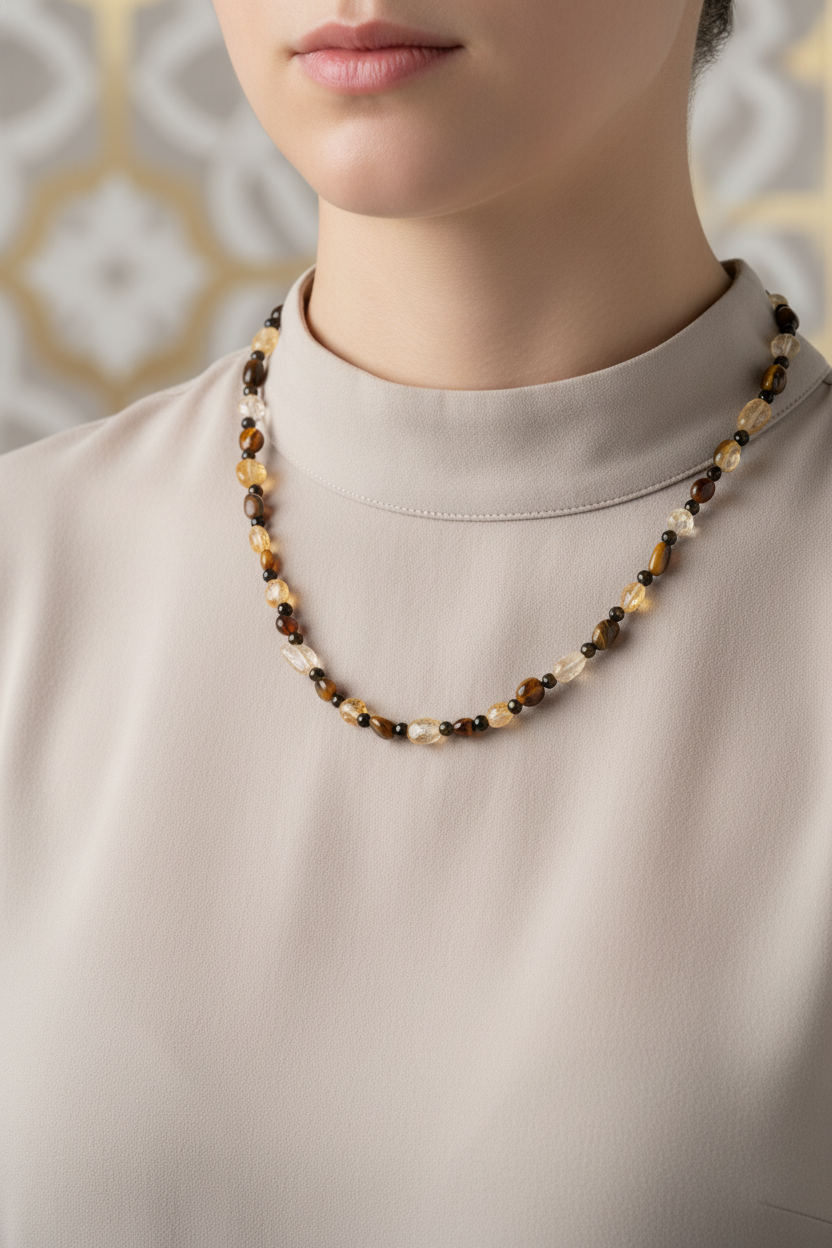 Kaplan Gözü, Sitrin & Obsidyen Doğal Taş Kolye – Özel Tasarım