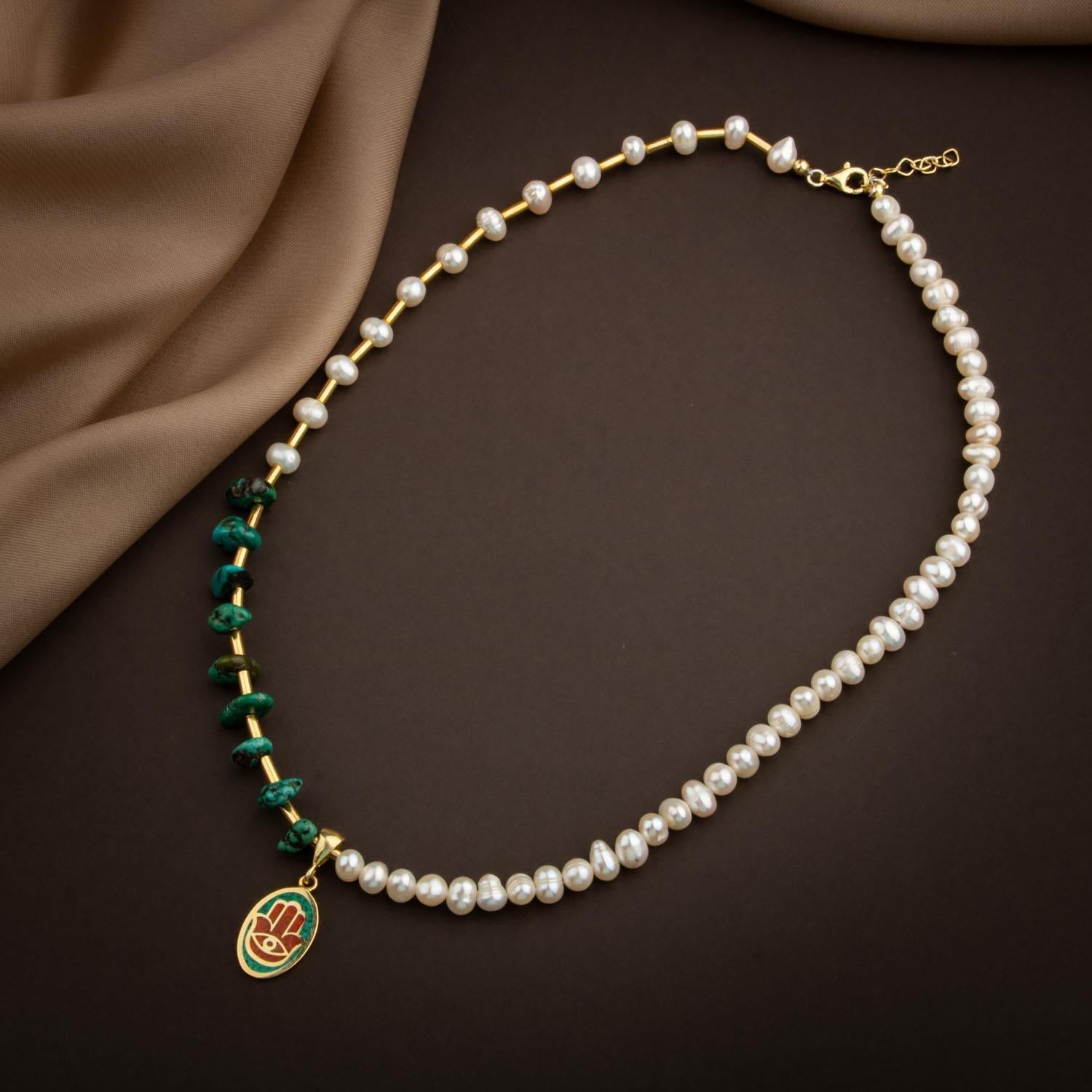 Mozaik Turkuaz Firuza Taşlı-İnci Doğal Taş Gümüş Tasarım Kolye