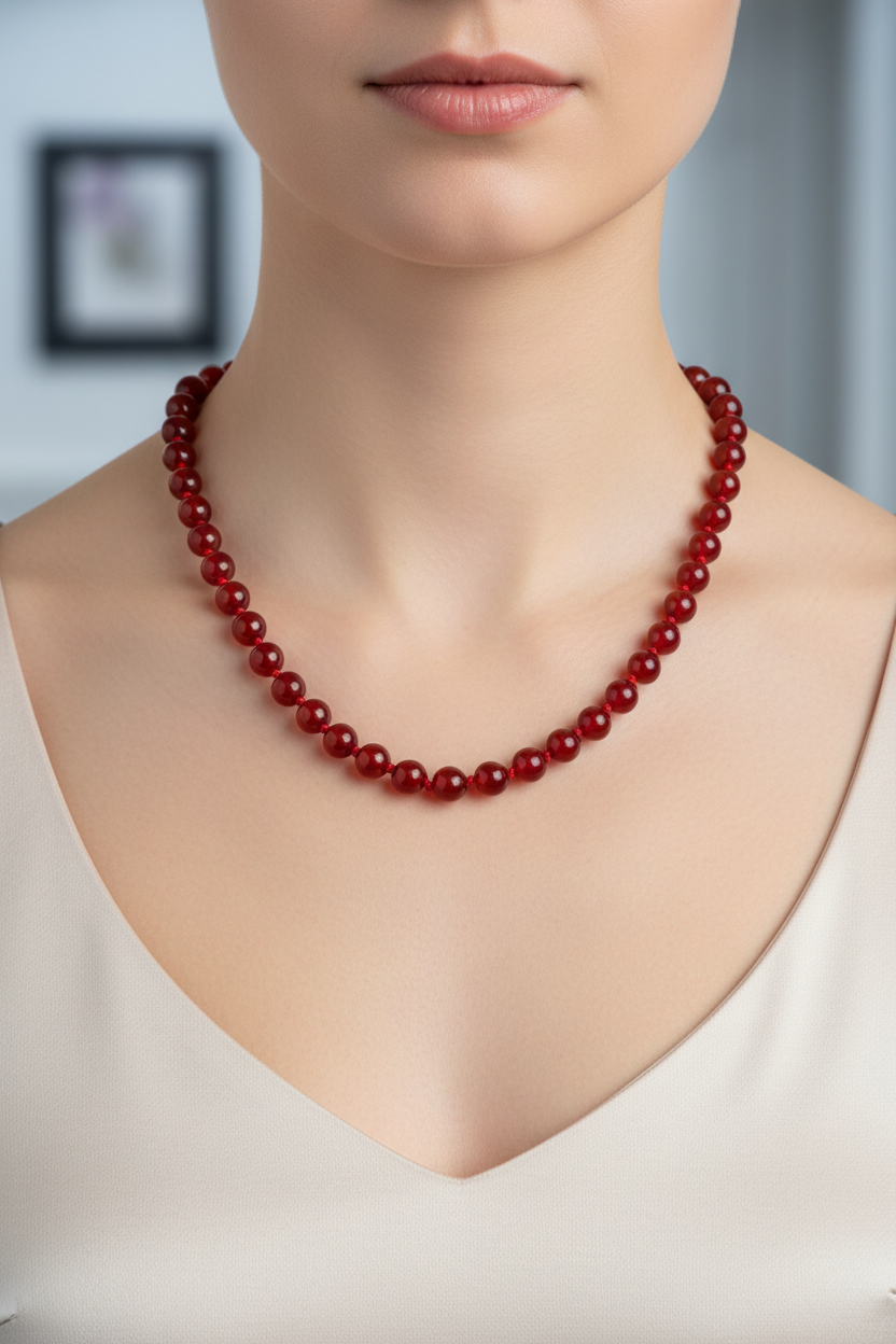 Kırmızı Akik Doğal Taş Kolye – 8 mm Düğümlü, Unisex Tasarım