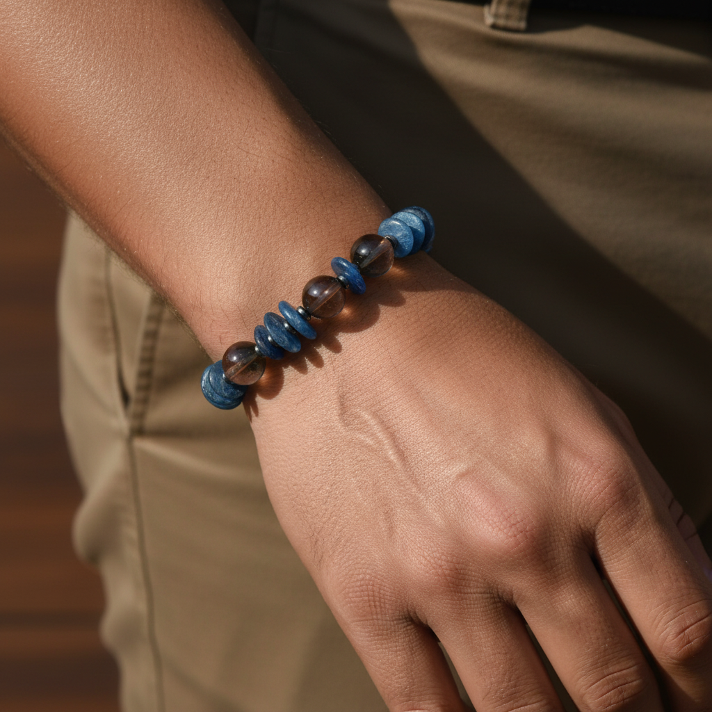 Dumanlı Kuvars, Kyanit ve Hematit Doğal Taş Bileklik – Unisex Şık Tasarım
