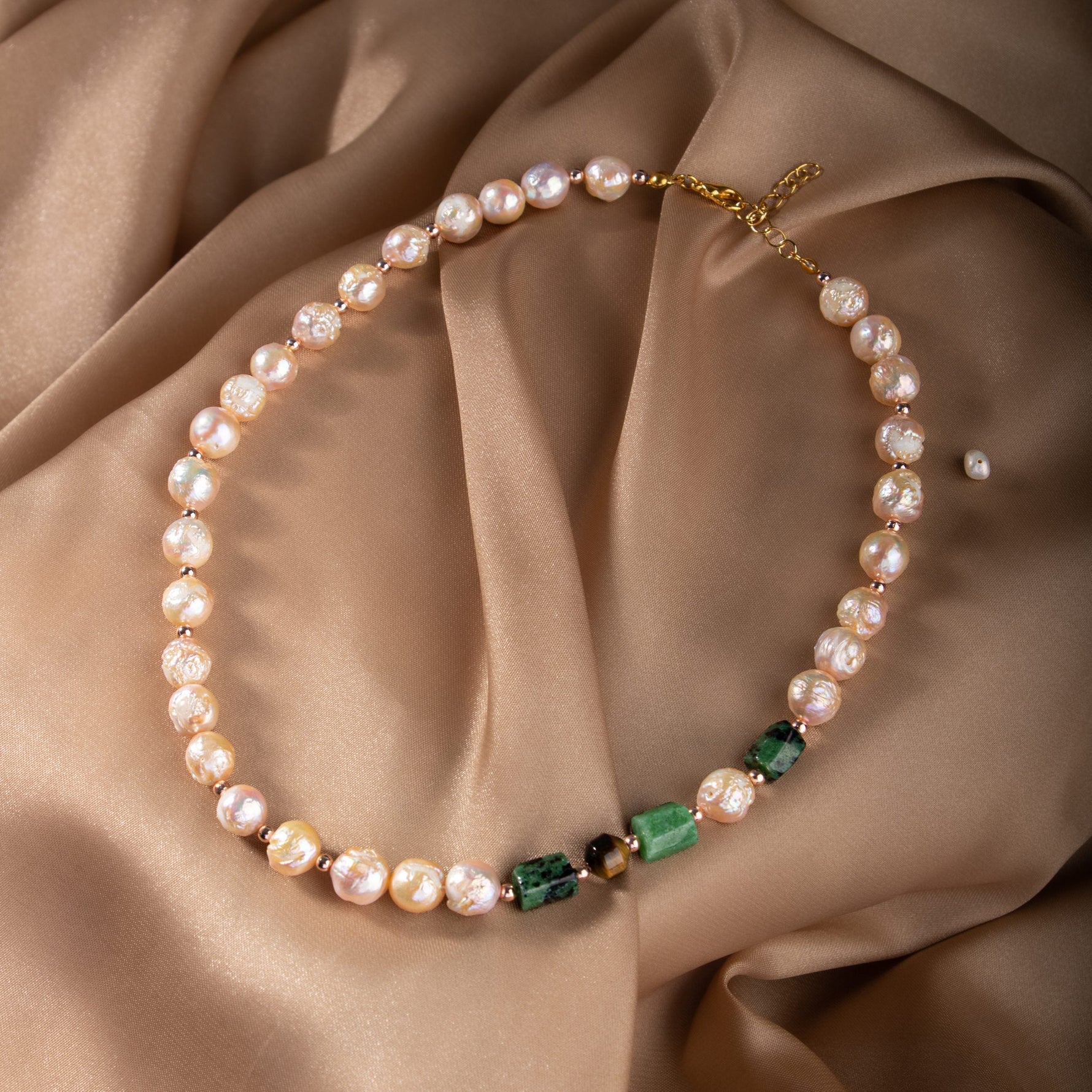 İnci-Anyolit-Kaplan Gözü Doğal Taş Gümüş Kolye