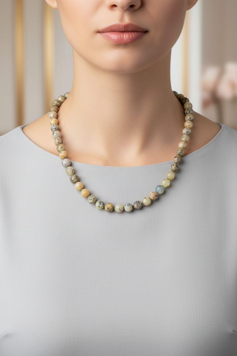 Sarı Opal Doğal Taş Kolye – 8 mm Düğümlü, Unisex Tasarım