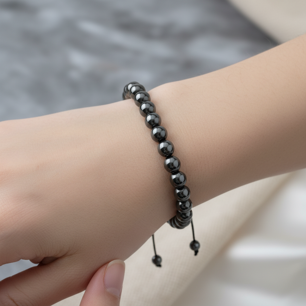 Hematit 8 mm Merdiven Kapama Doğal Taş Bileklik – El İşçiliği