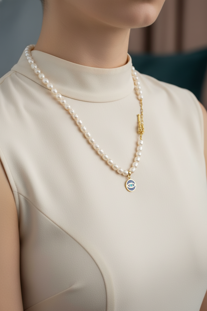 Mozaik Lapis Lazuli Taşlı & İnci Doğal Taş Paper Clip 925 Ayar Gümüş Kolye – Özel Tasarım