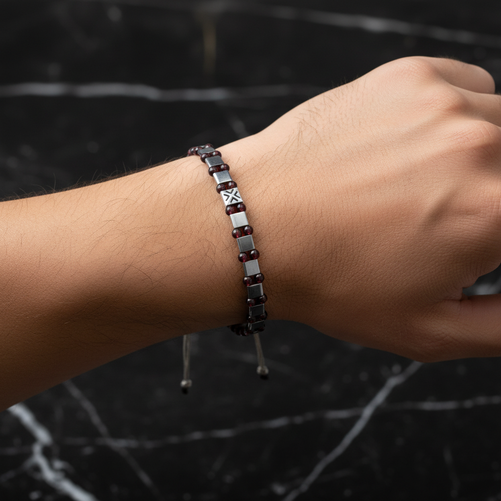 Bordo Granat Lal & Hematit Doğal Taş Erkek Makrome Bileklik – Özel Tasarım