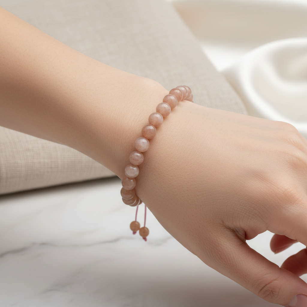 Güneş Taşı 8 mm Merdiven Kapama Doğal Taş Bileklik – El İşçiliği