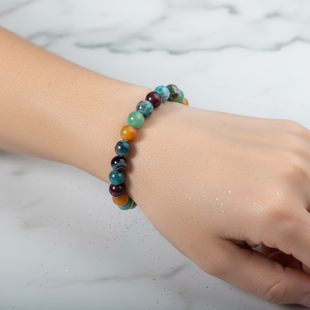 Başak Burcu Bileklik Amazonit, Bordo Granat Lal, Jasper, Krizokol, Mavi Apatit, Siyah Göz Akik, Yeşil Aventurin