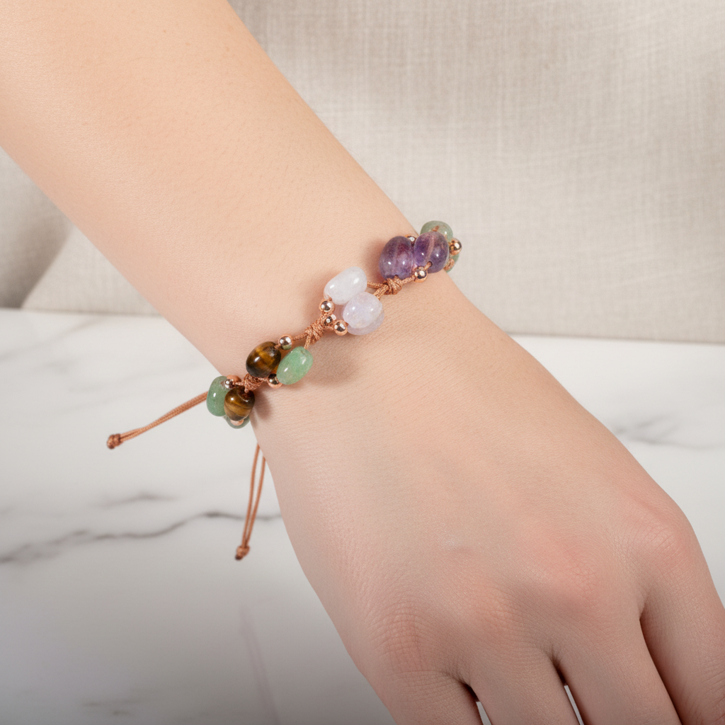 Yengeç Burcu Bileklik Ametist, Ay Taşı, Kalsedon, Kaplan Gözü, Krizopras, Pembe Kuvars, Yeşil Aventurin