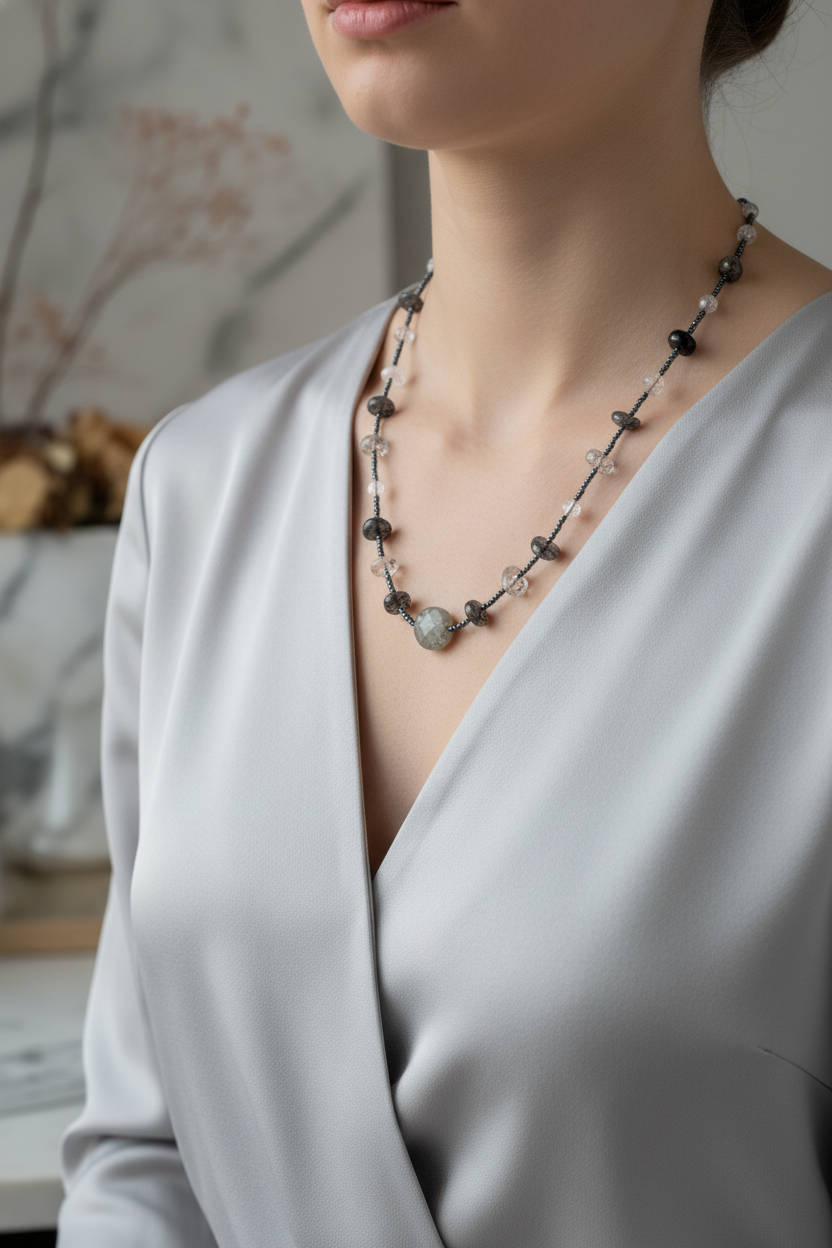 Labradorit, Necef, Rutilli Kuvars & Hematit Doğal Taş Kolye – Özel Tasarım