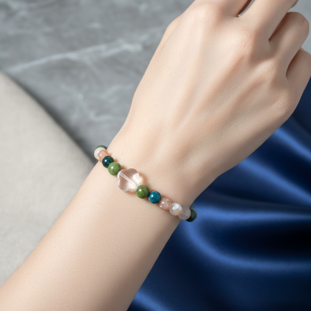 Boğa Burcu Doğal Taş Bileklik – Güneş Taşı, Mavi Apatit, Pembe Kuvars, Sedef ve Yeşim