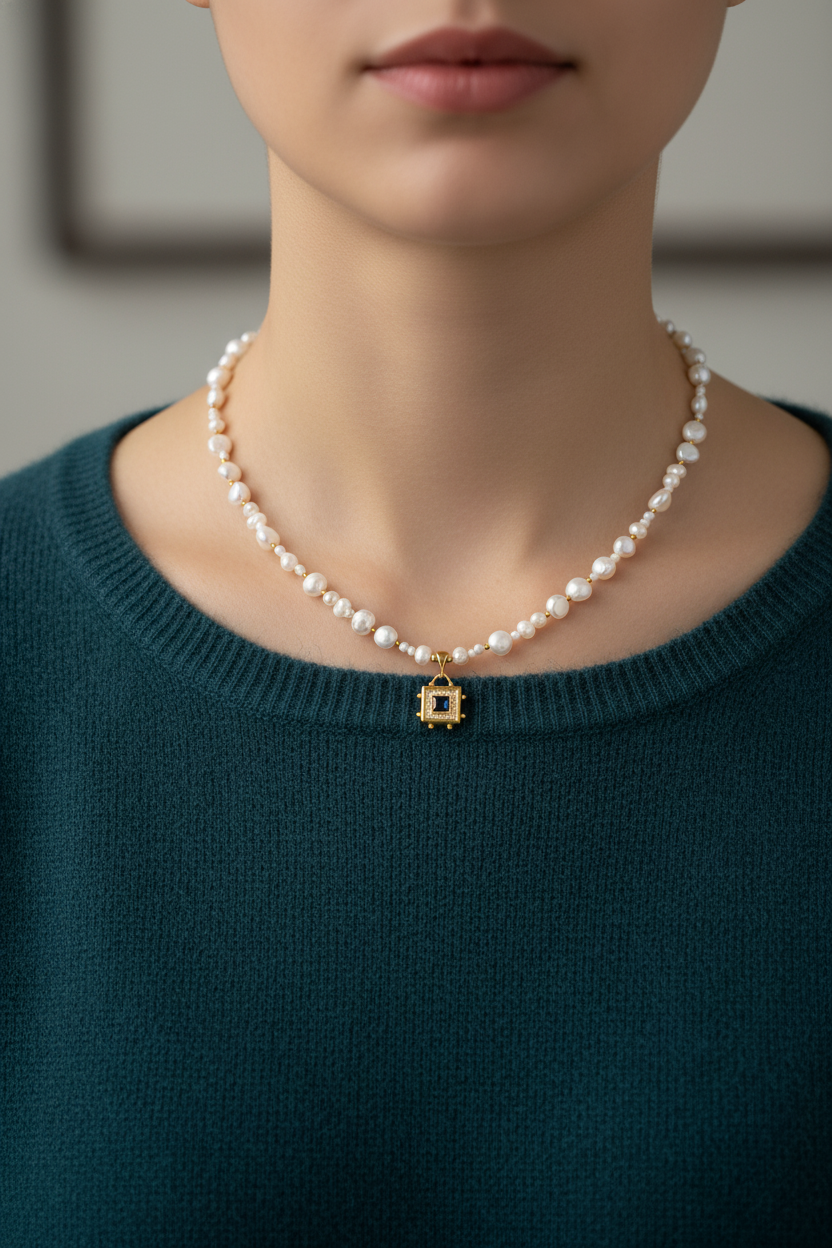 Lapis Lazuli Taşlı & İnci Doğal Taş 925 Ayar Gümüş Tasarım Kolye – Özel Tasarım