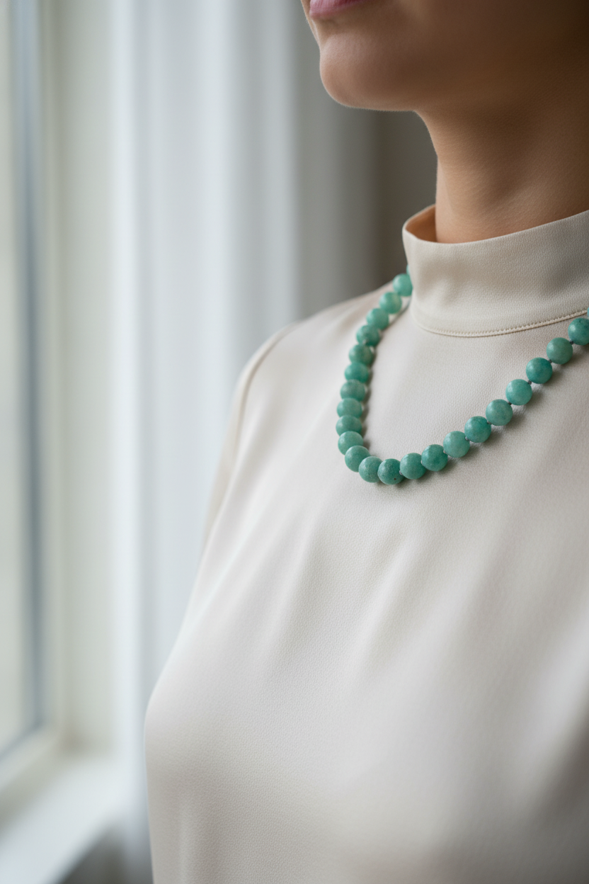 Amazonit Doğal Taş Kolye – 8 mm Düğümlü, Unisex Tasarım