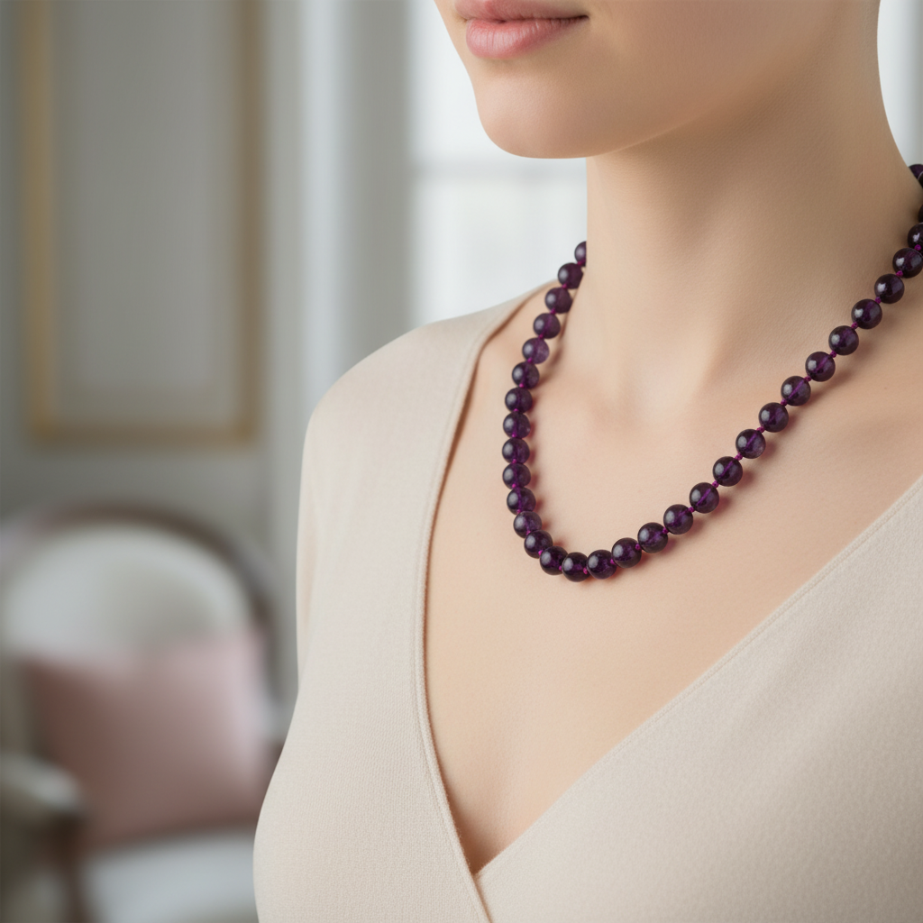 Ametist Doğal Taş Kolye – 8 mm Düğümlü, Unisex Tasarım