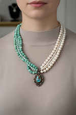 İnci & Amazonit Doğal Taş El İşlemesi Koleksiyon Turkuaz Kolye – Özel Tasarım