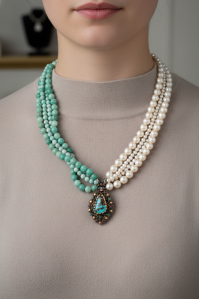 İnci & Amazonit Doğal Taş El İşlemesi Koleksiyon Turkuaz Kolye – Özel Tasarım