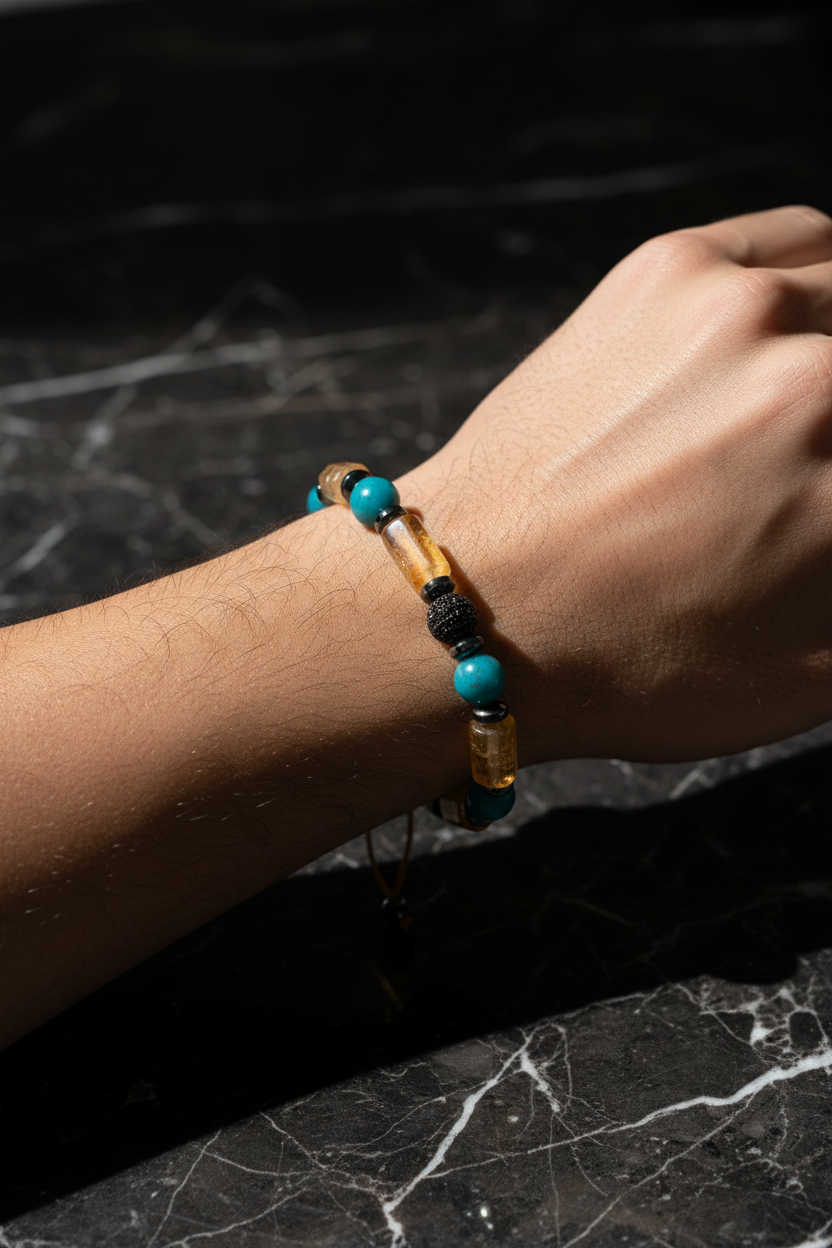 Turkuaz, Sitrin ve Hematit Doğal Taş Makrome Bileklik – Ayarlanabilir El Yapımı Tasarım