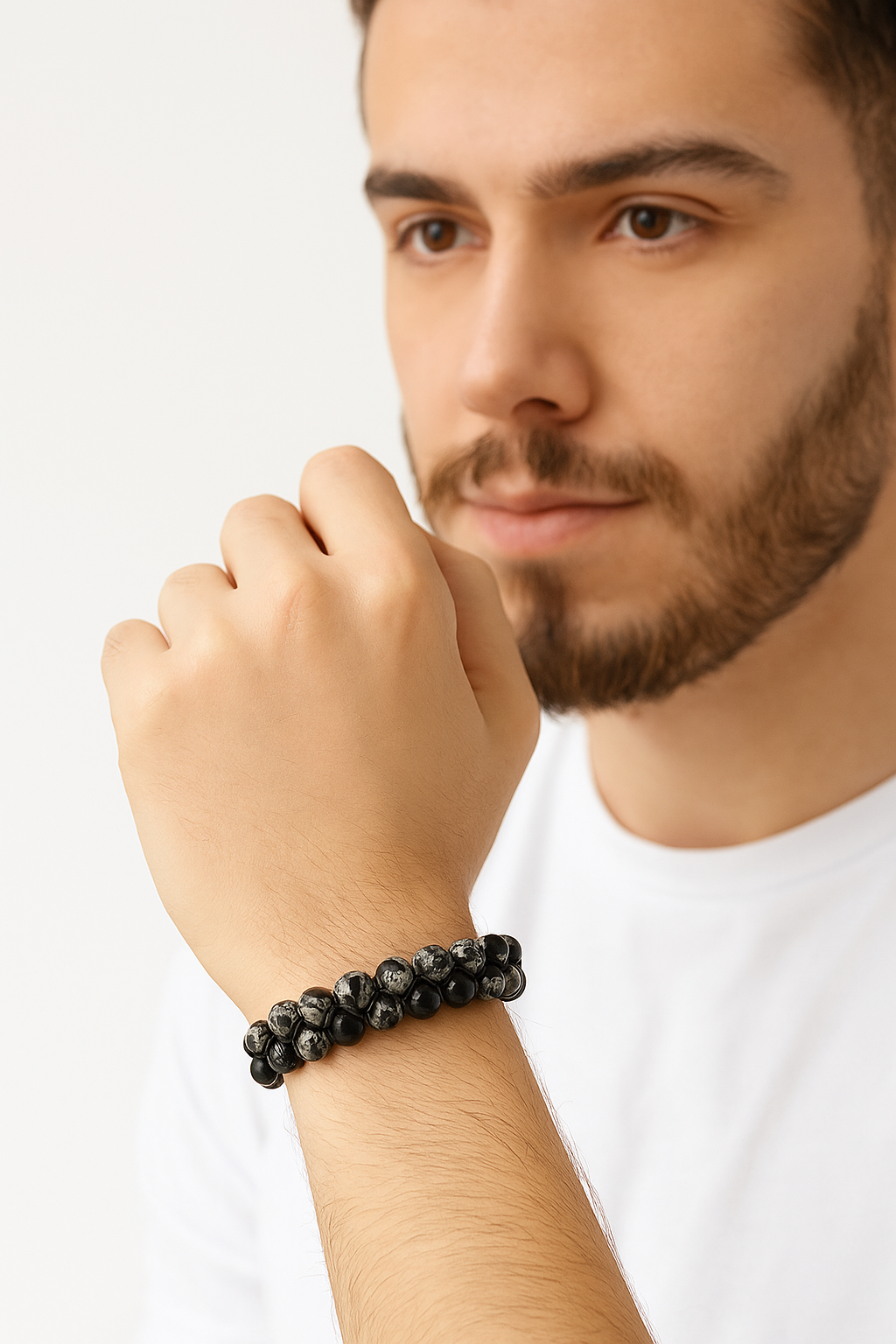 Sertifikalı Karlı Obsidyen 8 mm Çift Sıra Makrome Doğal Taş Bileklik