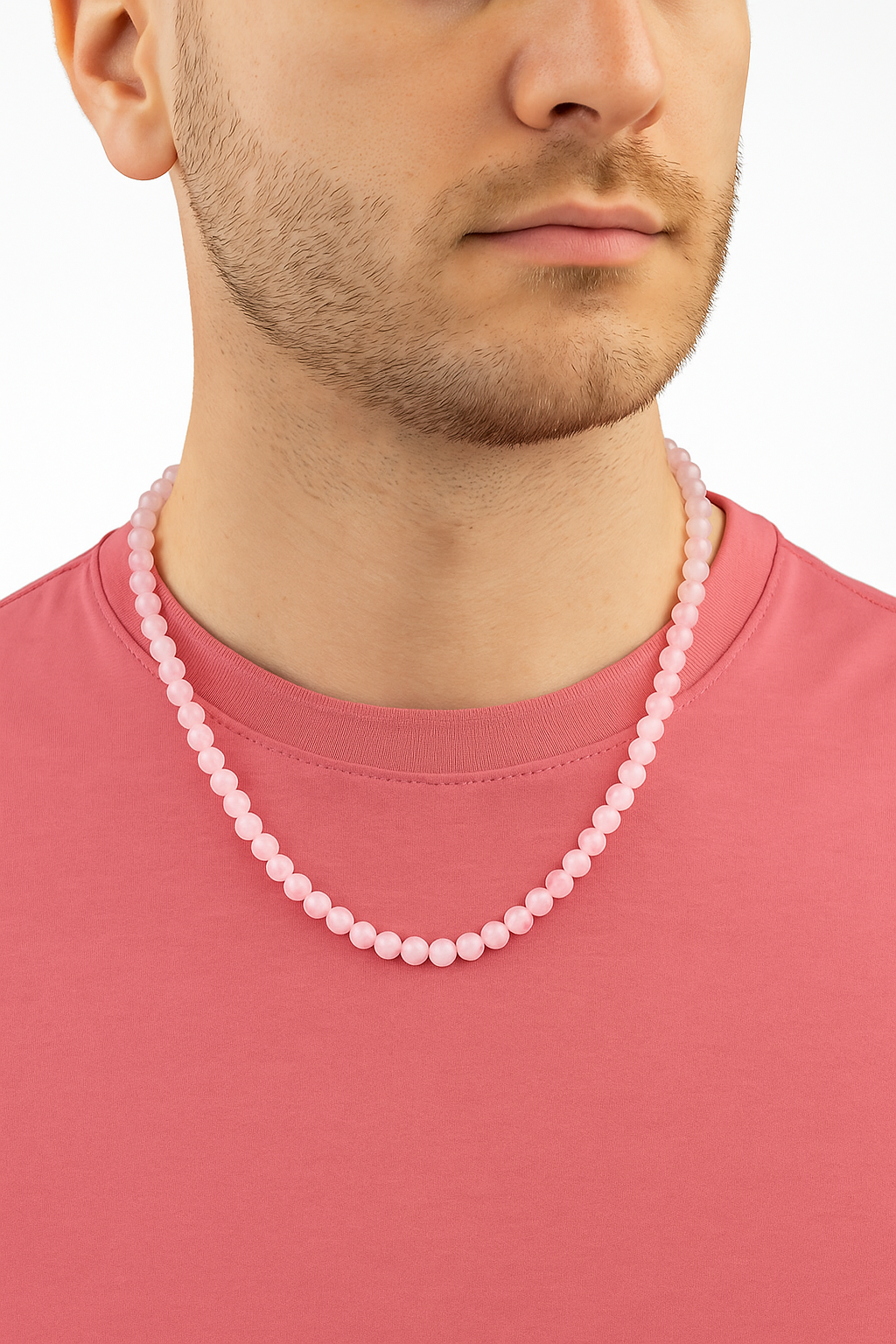 Sertifikalı Pembe Kuvars 6 mm Dizi Doğal Taş Kolye