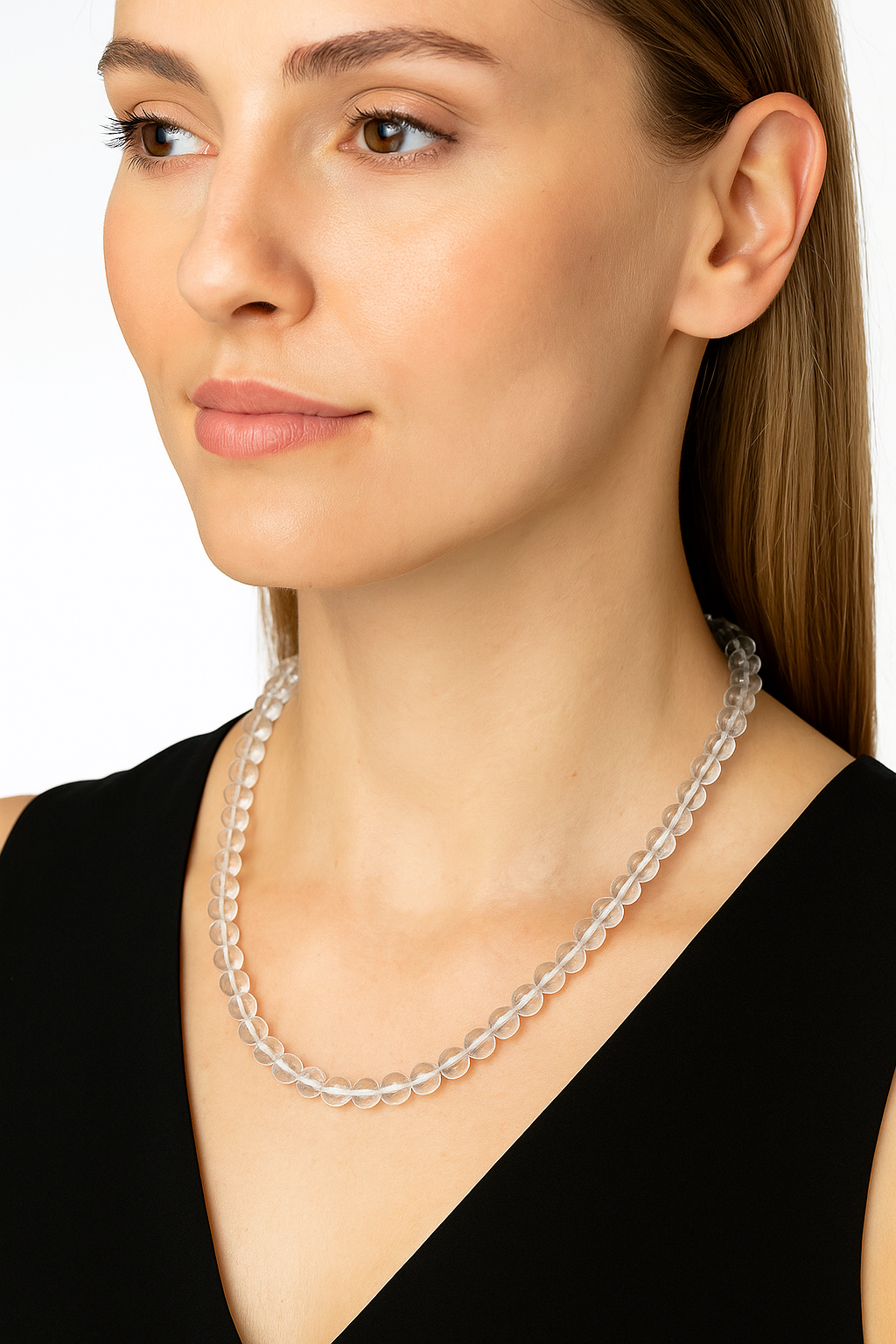 Sertifikalı Kristal Kuvars 6 mm Dizi Doğal Taş Kolye