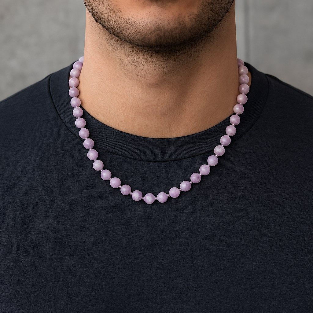 Sertifikalı Kunzit 6 mm Düğümlü Doğal Taş Kolye