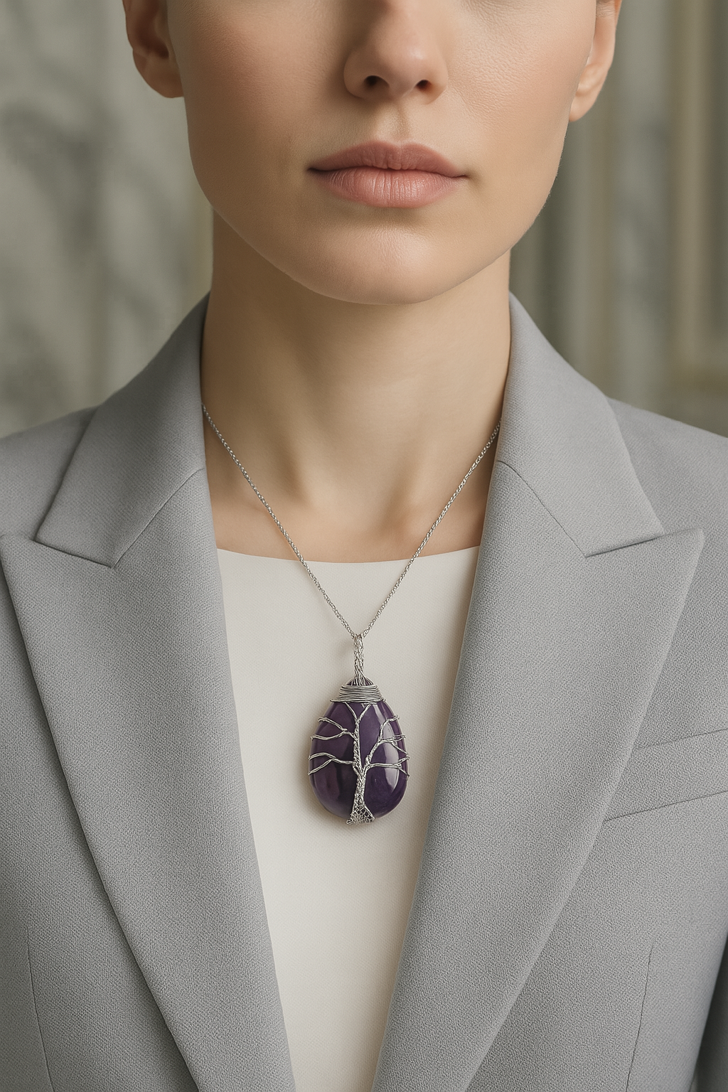 Sertifikalı Ametist Doğal Taş Tel Sarmalı Kolye