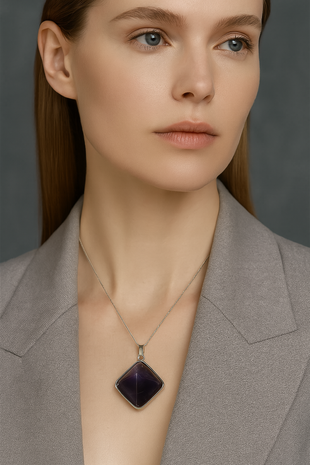 Sertifikalı Ametist Doğal Taş Piramit Model Kolye