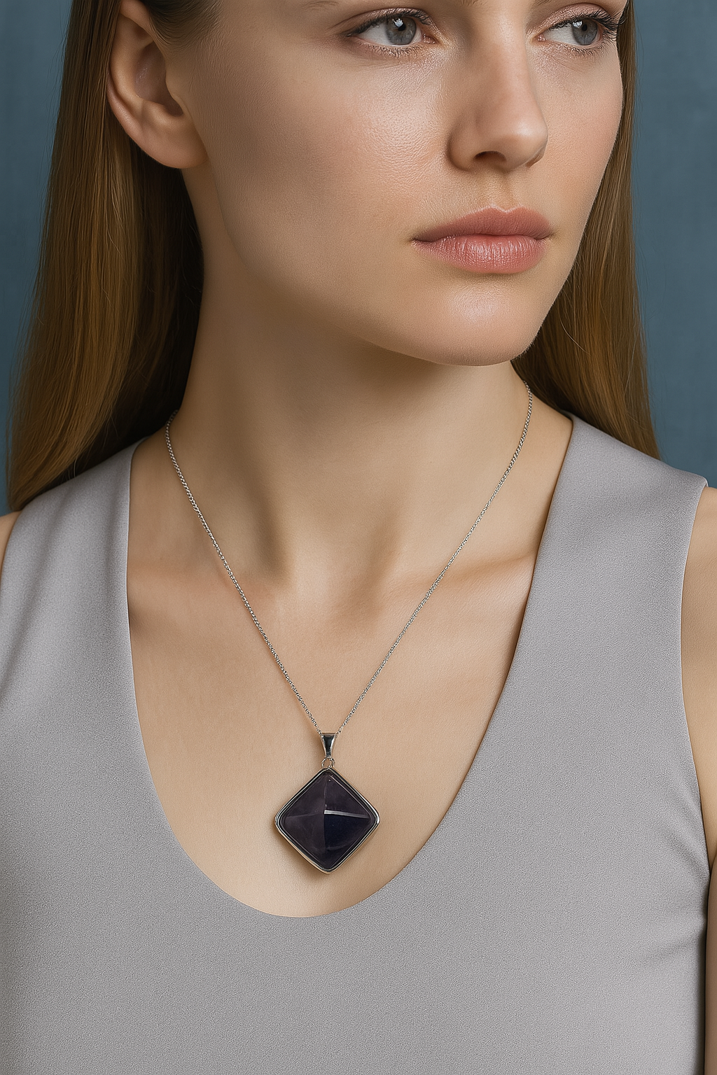 Sertifikalı Ametist Doğal Taş Piramit Model Kolye